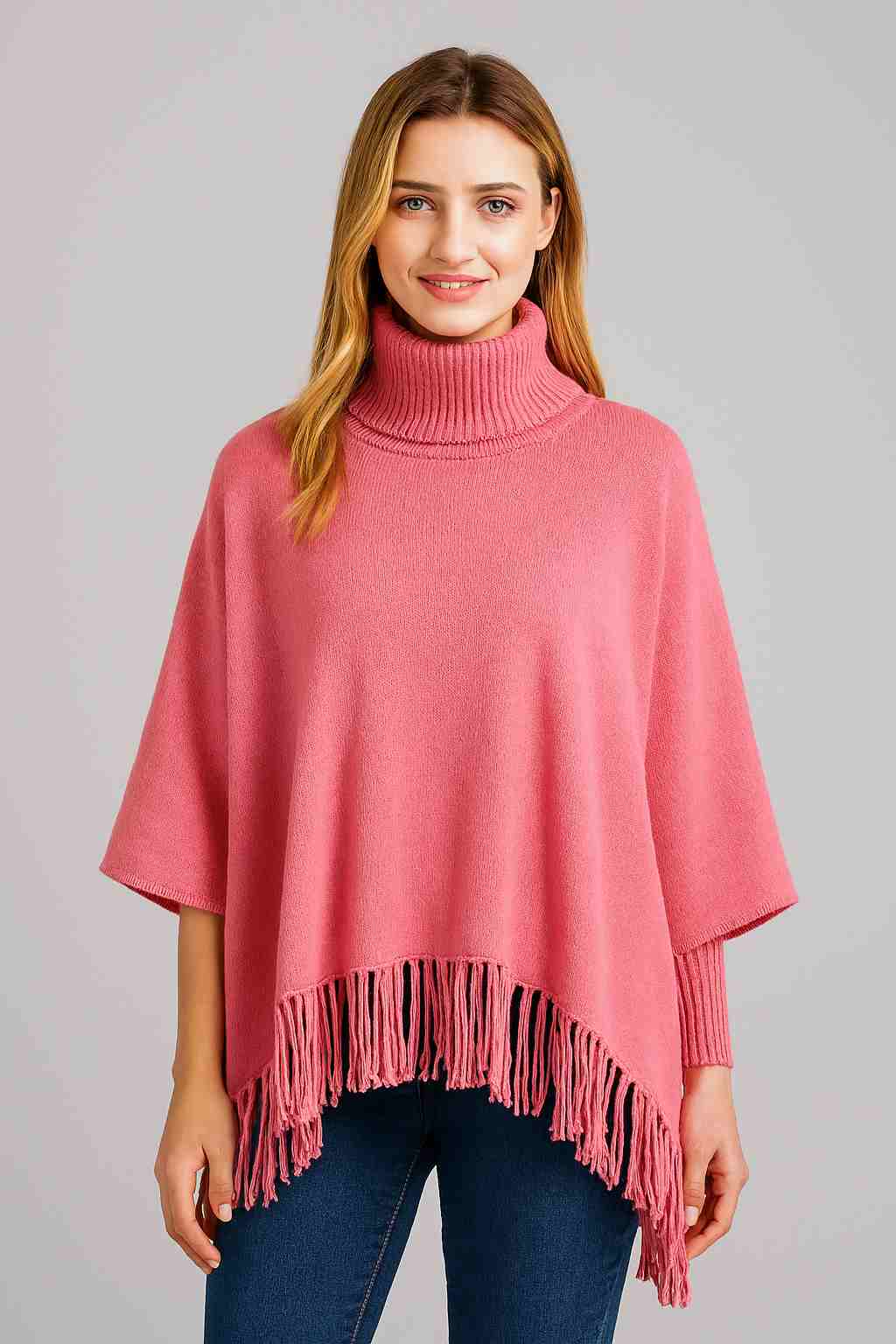 Winter Fleece Poncho with High Neck, Tassel Design & Adjustable Short Sleeves