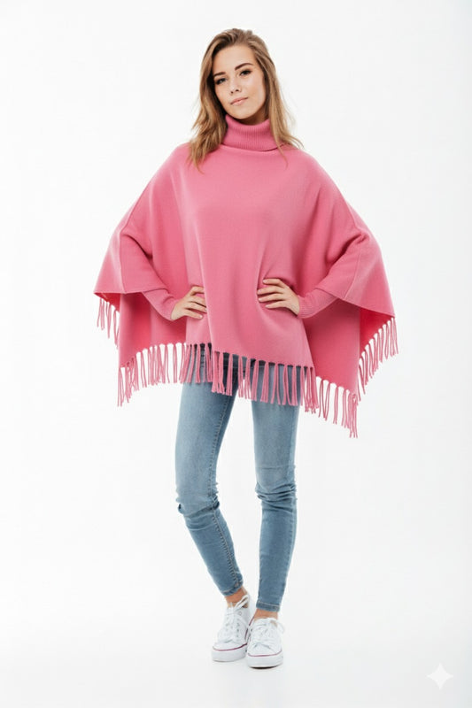 Winter Fleece Poncho with High Neck, Tassel Design & Adjustable Short Sleeves
